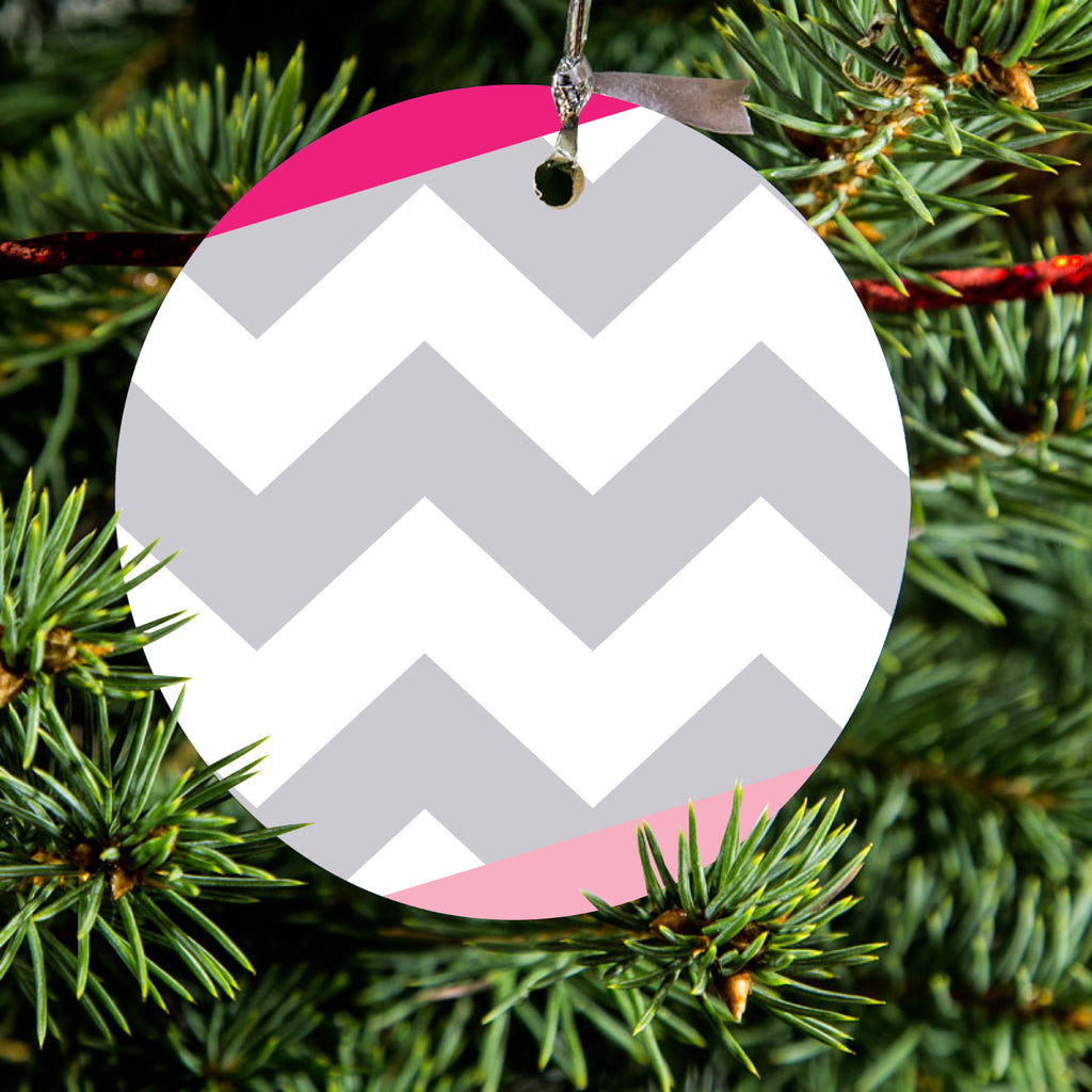 Hot Pink Block Grey Chevron Ceramic Ornament, view 2