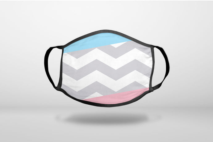 Pink Blue Block Grey Chevron - 3-Ply Reusable Soft Face Mask Covering, Unisex, Cotton Inner Layer
