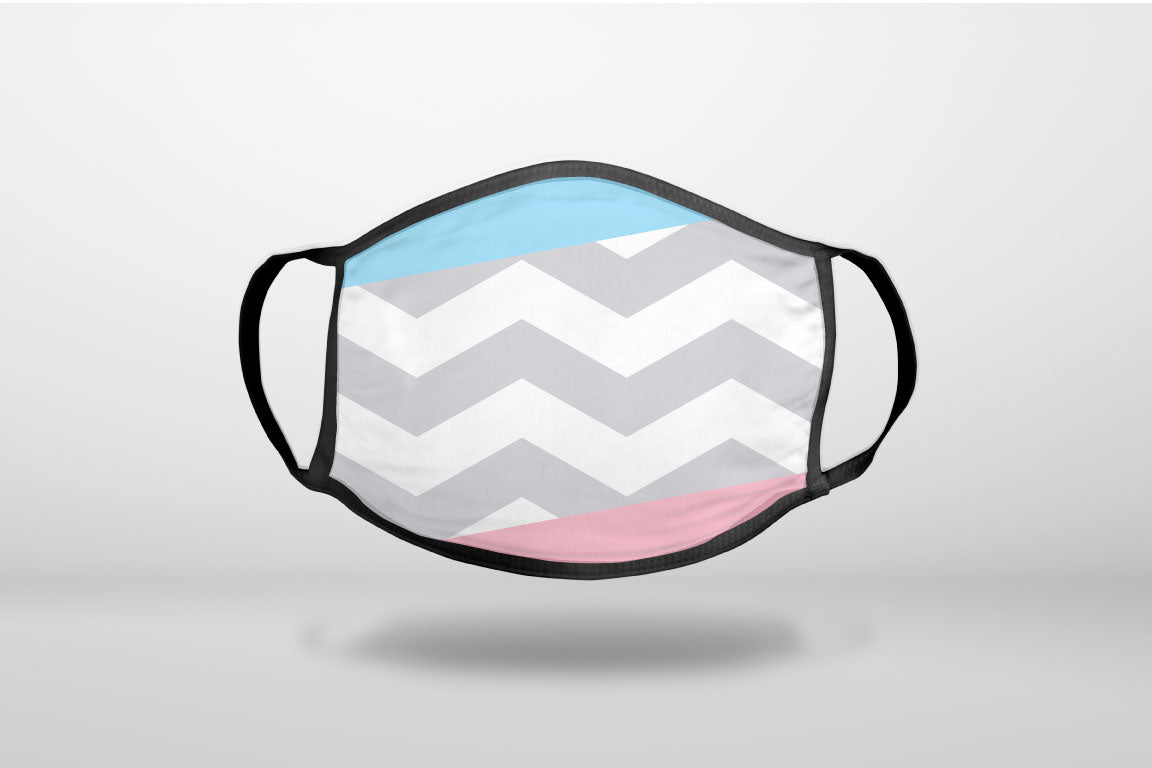 Pink Blue Block Grey Chevron - 3-Ply Reusable Soft Face Mask Covering, Unisex, Cotton Inner Layer