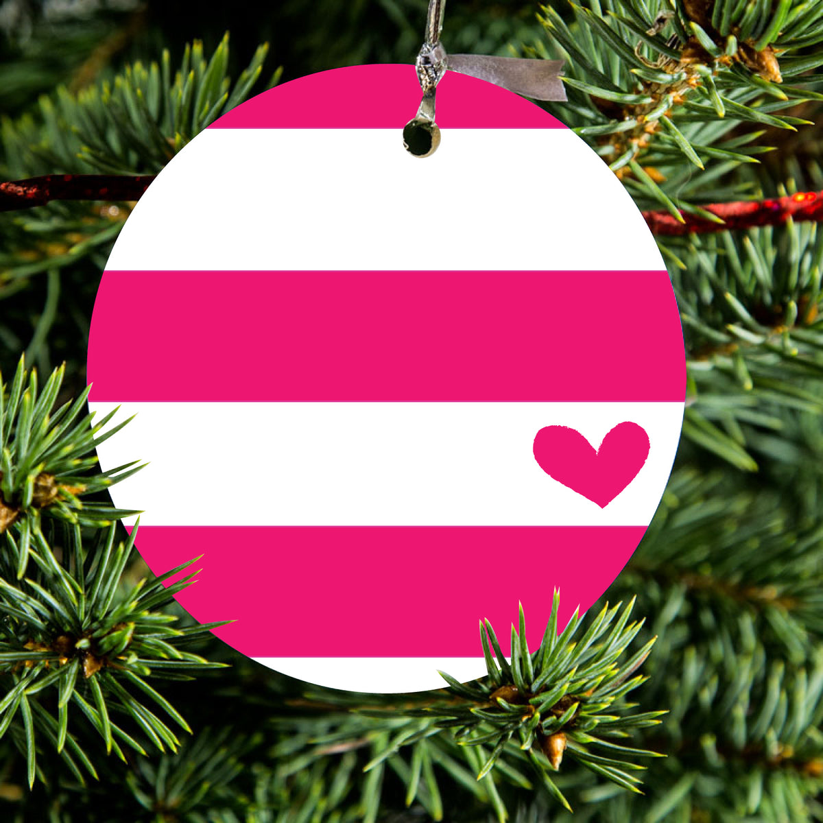 Hot Pink White Stripes Heart Ceramic Ornament, view 2