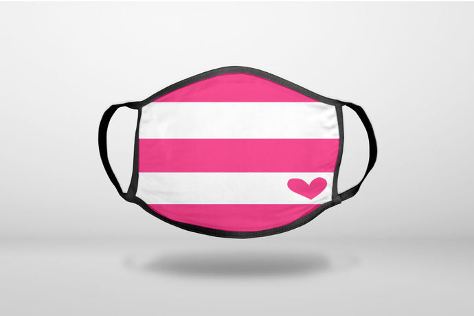 Hot Pink White Stripes Heart - 3-Ply Reusable Soft Face Mask Covering, Unisex, Cotton Inner Layer