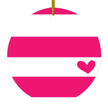 DistinctInk® Hanging Ceramic Christmas Tree Ornament with Gold String - Great Gift / Present - 2 3/4 inch Diameter - Hot Pink White Stripes Heart
