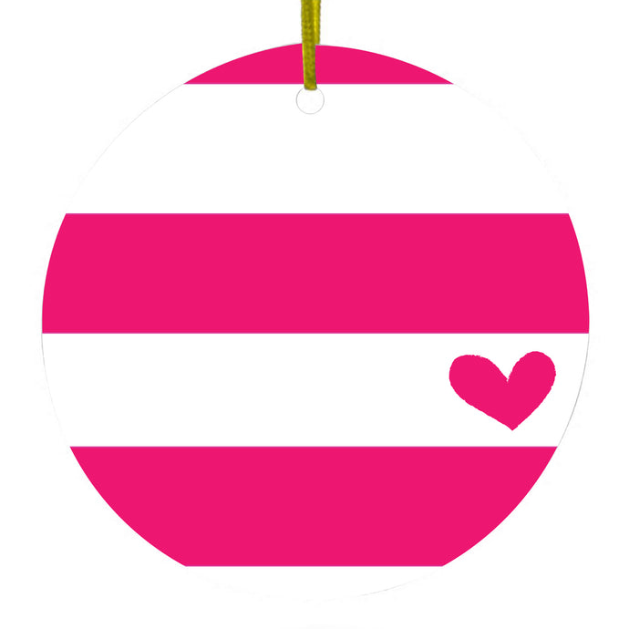 Hot Pink White Stripes Heart Ceramic Ornament