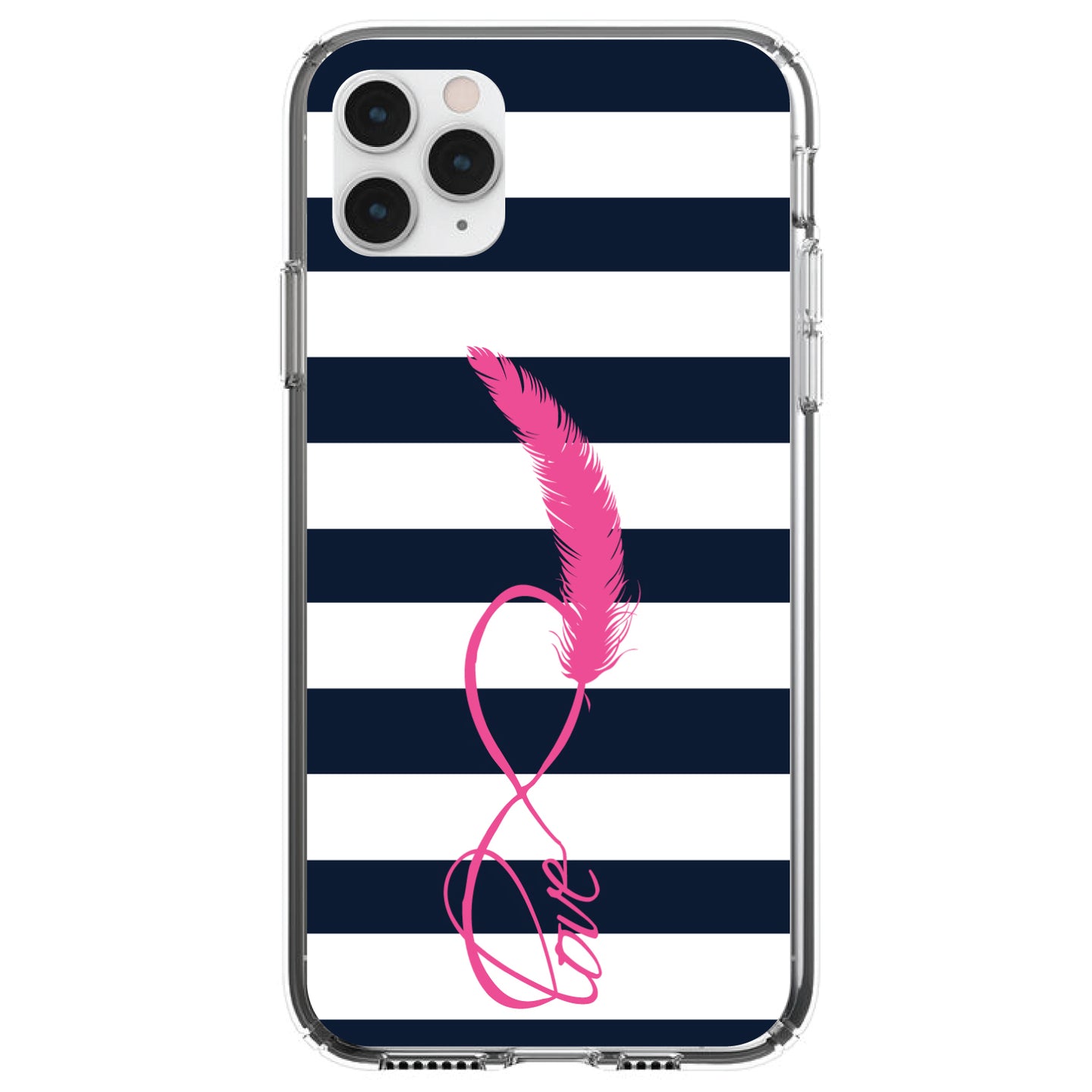 DistinctInk® Clear Shockproof Hybrid Case for Apple iPhone / Samsung Galaxy / Google Pixel - Navy White Stripes Pink Love