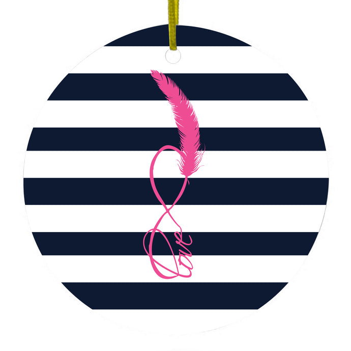 Navy White Stripes Pink Love Ceramic Ornament