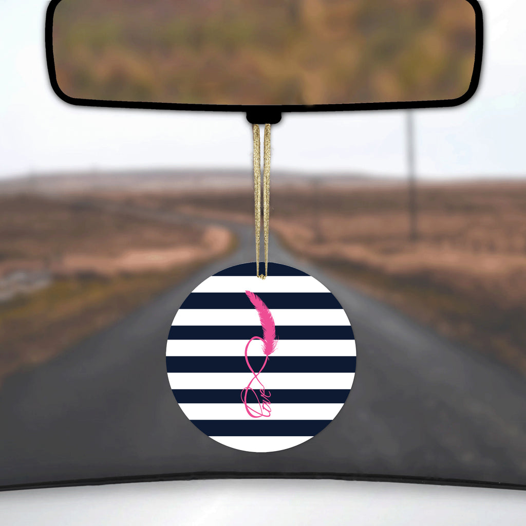Navy White Stripes Pink Love Ceramic Ornament, view 3