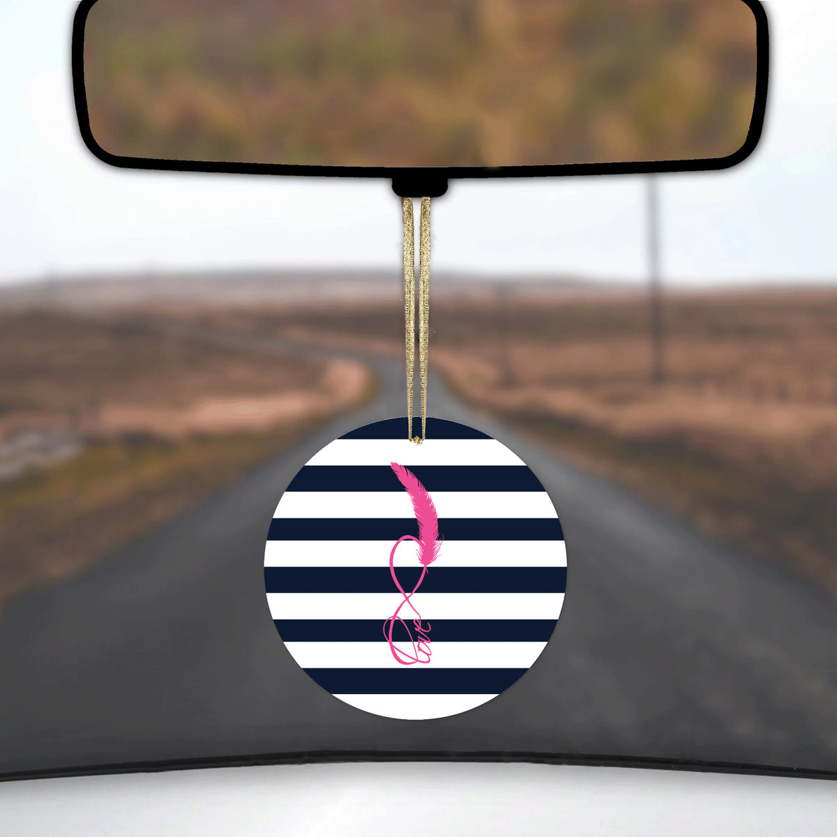 Navy White Stripes Pink Love Ceramic Ornament, view 3