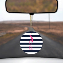 DistinctInk® Hanging Ceramic Christmas Tree Ornament with Gold String - Great Gift / Present - 2 3/4 inch Diameter - Navy White Stripes Pink Love
