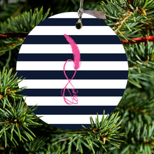 DistinctInk® Hanging Ceramic Christmas Tree Ornament with Gold String - Great Gift / Present - 2 3/4 inch Diameter - Navy White Stripes Pink Love