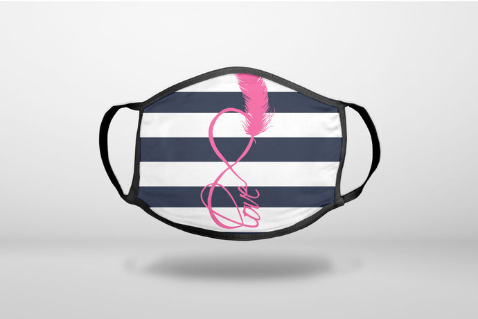 Navy White Stripes Pink Love - 3-Ply Reusable Soft Face Mask Covering, Unisex, Cotton Inner Layer