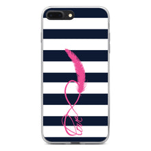 DistinctInk® Clear Shockproof Hybrid Case for Apple iPhone / Samsung Galaxy / Google Pixel - Navy White Stripes Pink Love