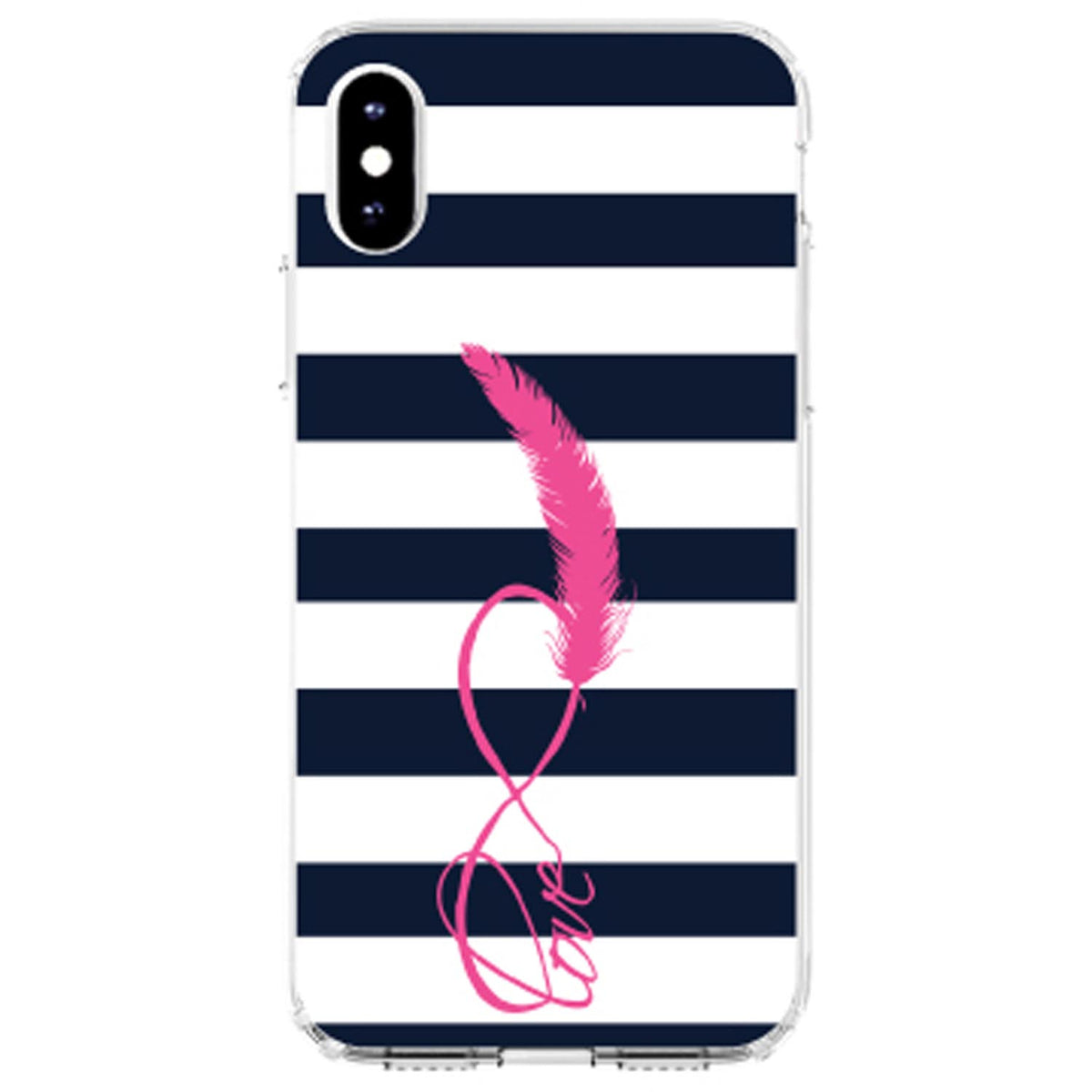 Navy White Stripes Pink Love Clear Shockproof iPhone Case, view 2