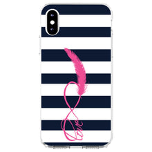 DistinctInk® Clear Shockproof Hybrid Case for Apple iPhone / Samsung Galaxy / Google Pixel - Navy White Stripes Pink Love