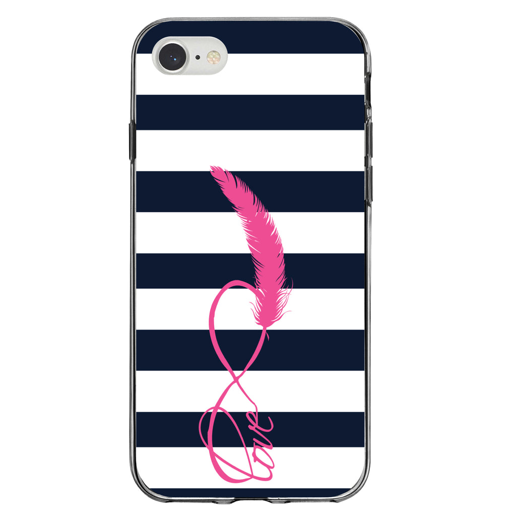 Navy White Stripes Pink Love Clear Shockproof iPhone Case, view 5