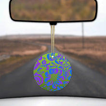 DistinctInk® Hanging Ceramic Christmas Tree Ornament with Gold String - Great Gift / Present - 2 3/4 inch Diameter - Green Purple Blue Floral Pattern