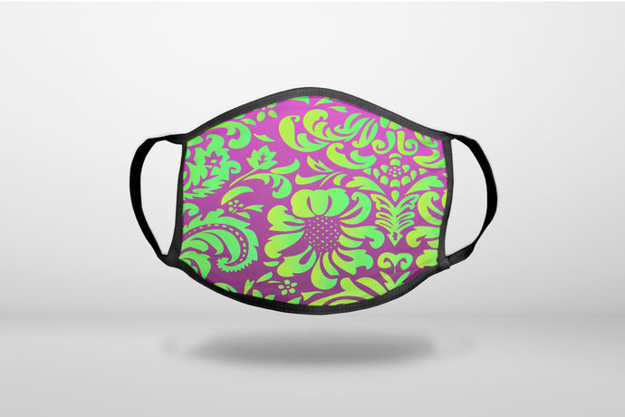 Purple Green Floral Pattern - 3-Ply Reusable Soft Face Mask Covering, Unisex, Cotton Inner Layer