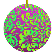 DistinctInk® Hanging Ceramic Christmas Tree Ornament with Gold String - Great Gift / Present - 2 3/4 inch Diameter - Purple Green Floral Pattern