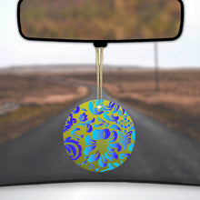 DistinctInk® Hanging Ceramic Christmas Tree Ornament with Gold String - Great Gift / Present - 2 3/4 inch Diameter - Green Blue Teal Floral Pattern
