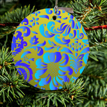 DistinctInk® Hanging Ceramic Christmas Tree Ornament with Gold String - Great Gift / Present - 2 3/4 inch Diameter - Green Blue Teal Floral Pattern