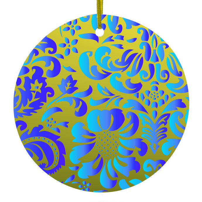 Green Blue Teal Floral Pattern Ceramic Ornament