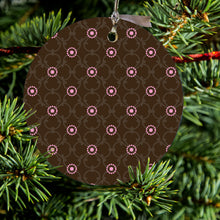 DistinctInk® Hanging Ceramic Christmas Tree Ornament with Gold String - Great Gift / Present - 2 3/4 inch Diameter - Brown & Pink Floral Pattern
