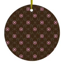 DistinctInk® Hanging Ceramic Christmas Tree Ornament with Gold String - Great Gift / Present - 2 3/4 inch Diameter - Brown & Pink Floral Pattern