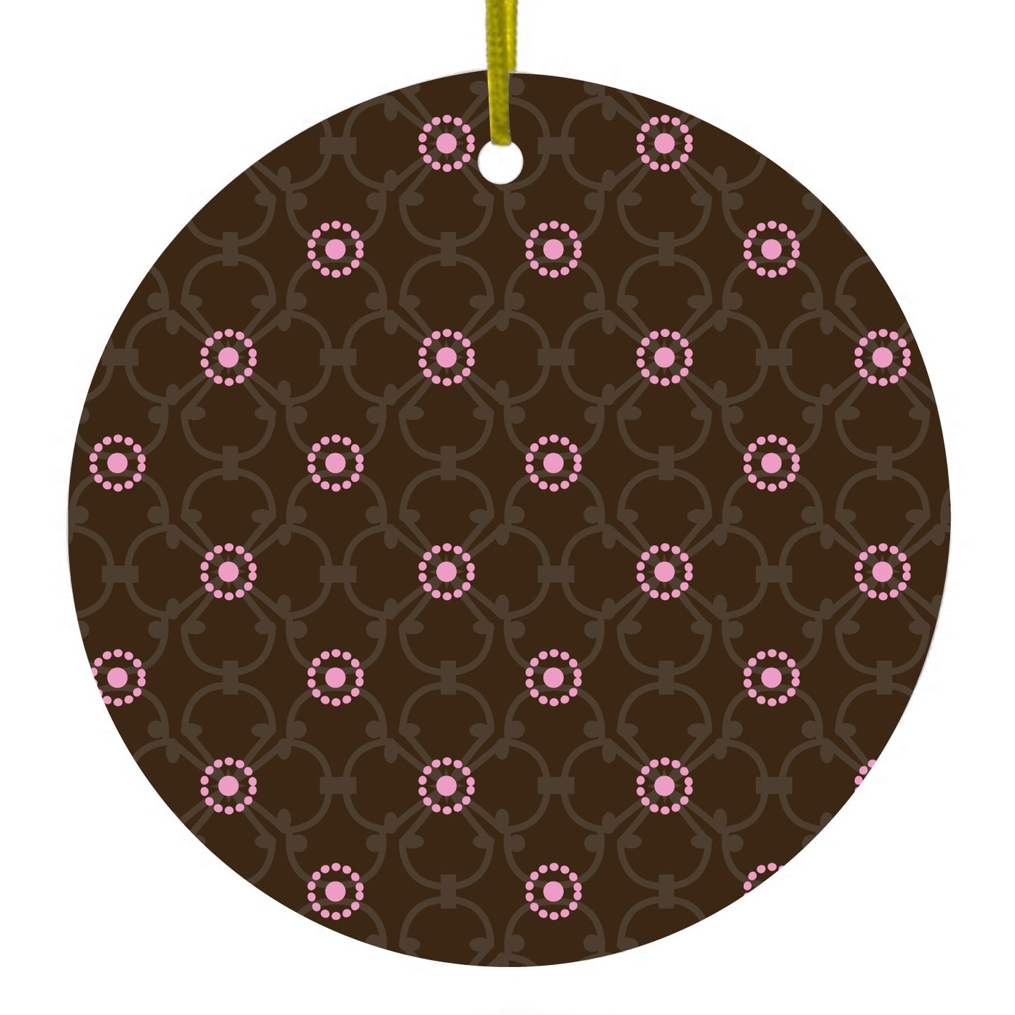 DistinctInk® Hanging Ceramic Christmas Tree Ornament with Gold String - Great Gift / Present - 2 3/4 inch Diameter - Brown & Pink Floral Pattern