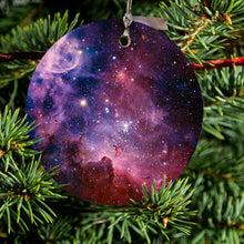 DistinctInk® Hanging Ceramic Christmas Tree Ornament with Gold String - Great Gift / Present - 2 3/4 inch Diameter - Purple Pink Carina Nebula