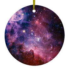DistinctInk® Hanging Ceramic Christmas Tree Ornament with Gold String - Great Gift / Present - 2 3/4 inch Diameter - Purple Pink Carina Nebula