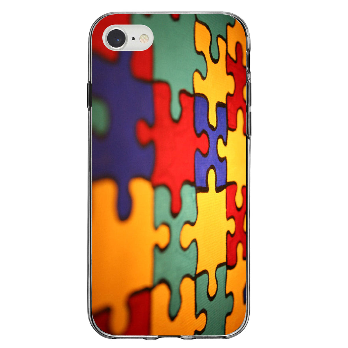 Red Blue Yellow Puzzle Pieces Clear Shockproof iPhone Case, view 5