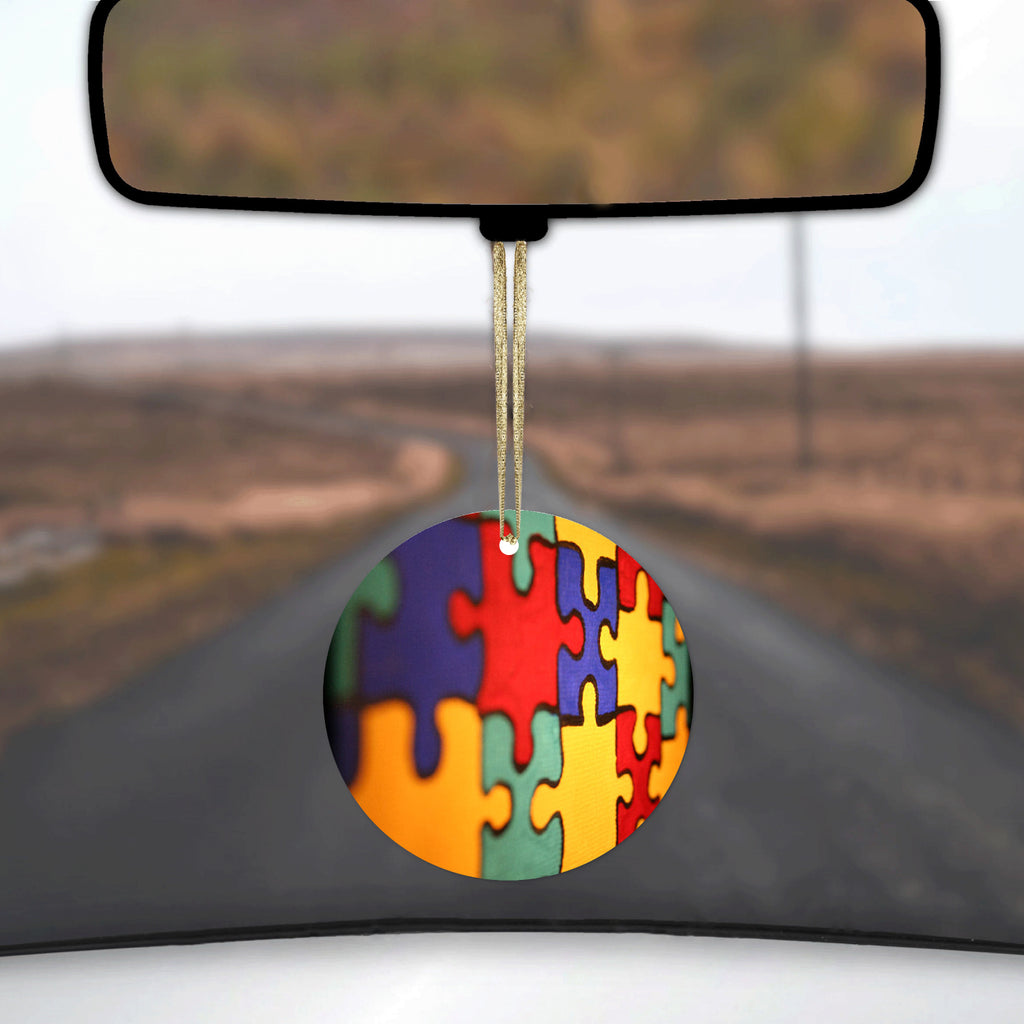 Red Blue Yellow Puzzle Pieces Ceramic Ornament, view 3