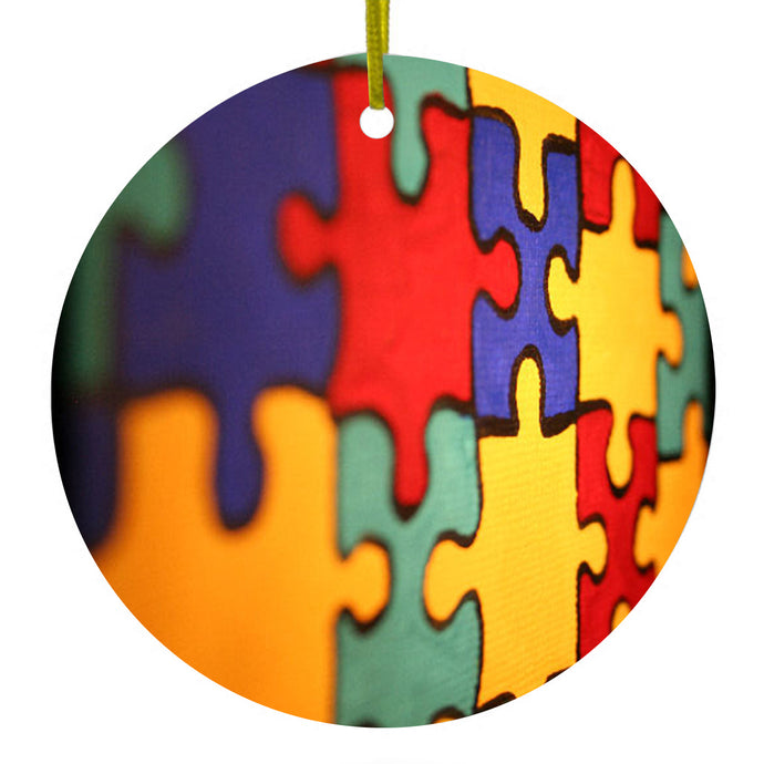 Red Blue Yellow Puzzle Pieces Ceramic Ornament