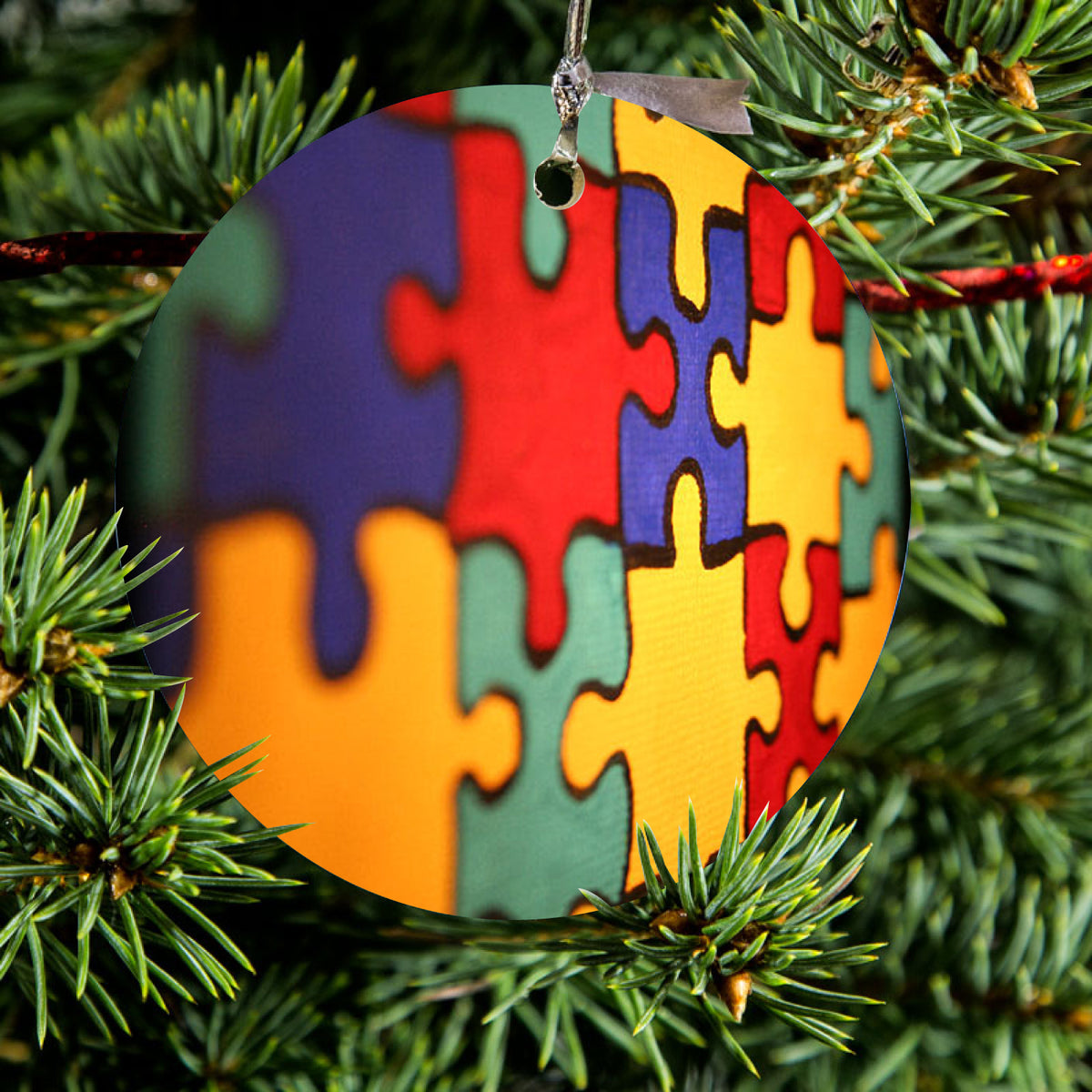 Red Blue Yellow Puzzle Pieces Ceramic Ornament, view 2