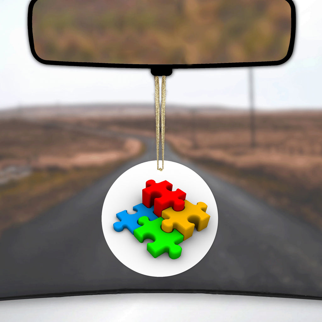 Red Blue Yellow 3D Puzzle Pieces Ceramic Ornament, view 3