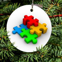 DistinctInk® Hanging Ceramic Christmas Tree Ornament with Gold String - Great Gift / Present - 2 3/4 inch Diameter - Red Blue Yellow 3D Puzzle Pieces