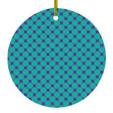 DistinctInk® Hanging Ceramic Christmas Tree Ornament with Gold String - Great Gift / Present - 2 3/4 inch Diameter - Teal Purple Checkered Pattern