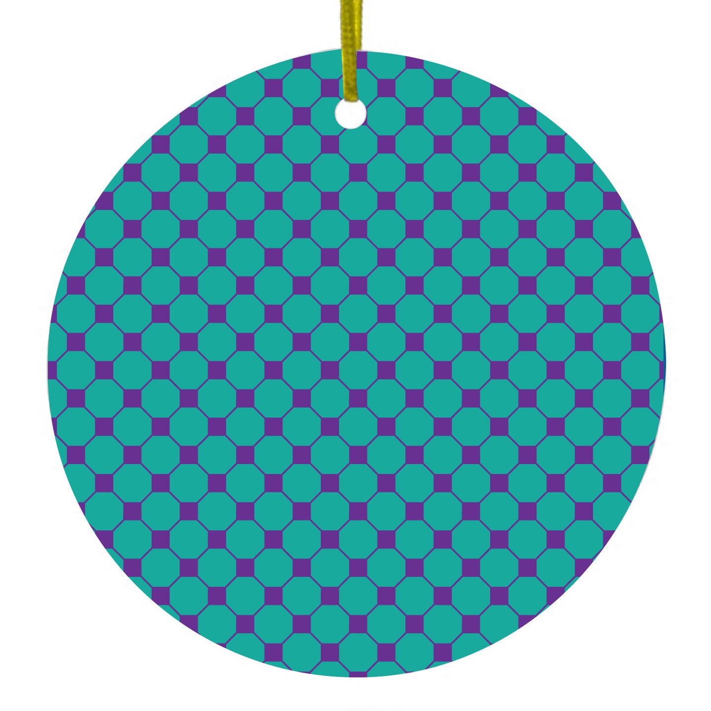 DistinctInk® Hanging Ceramic Christmas Tree Ornament with Gold String - Great Gift / Present - 2 3/4 inch Diameter - Teal Purple Checkered Pattern