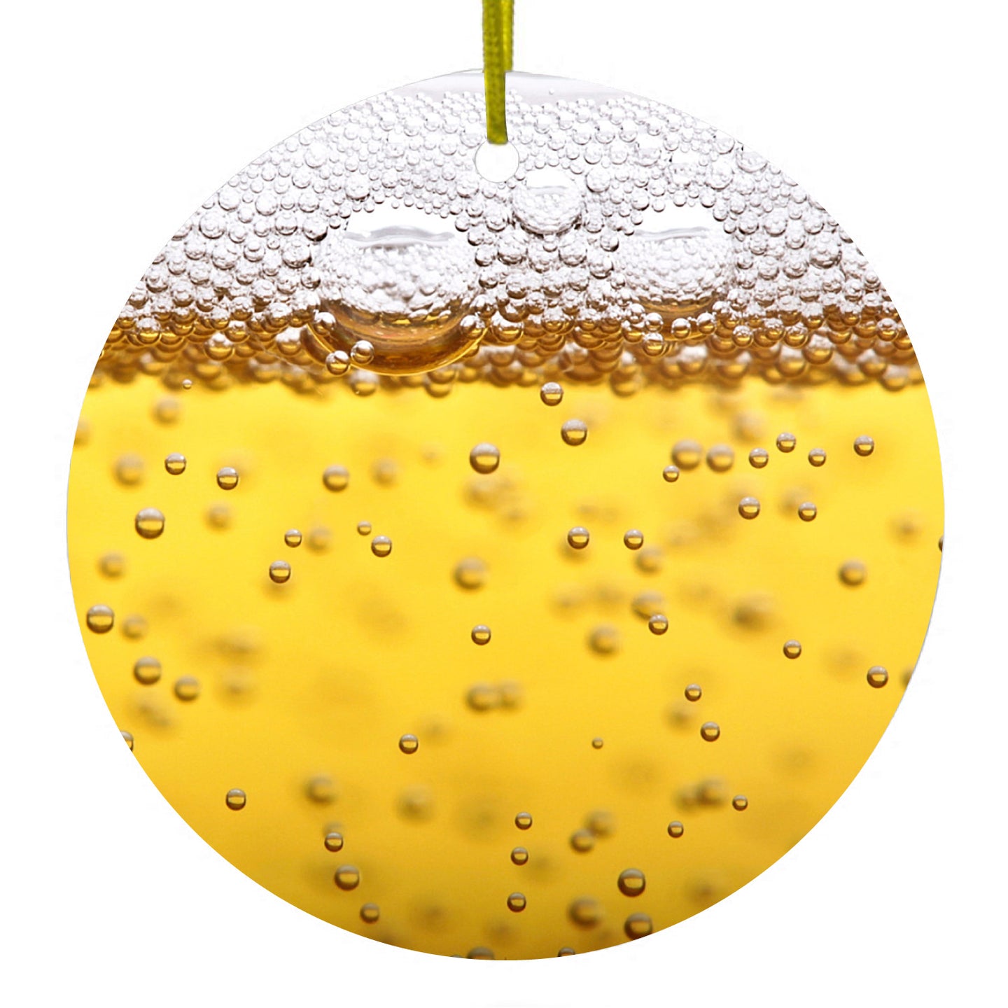 DistinctInk® Hanging Ceramic Christmas Tree Ornament with Gold String - Great Gift / Present - 2 3/4 inch Diameter - Beer Glass Foam Bubbles