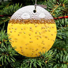 DistinctInk® Hanging Ceramic Christmas Tree Ornament with Gold String - Great Gift / Present - 2 3/4 inch Diameter - Beer Glass Foam Bubbles