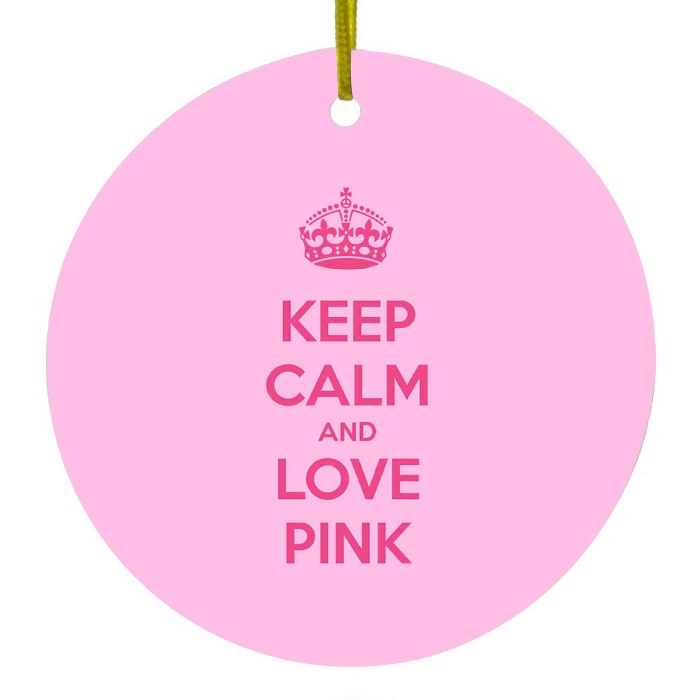 DistinctInk® Hanging Ceramic Christmas Tree Ornament with Gold String - Great Gift / Present - 2 3/4 inch Diameter - Keep Calm and Love Pink