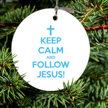 DistinctInk® Hanging Ceramic Christmas Tree Ornament with Gold String - Great Gift / Present - 2 3/4 inch Diameter - Keep Calm and Follow Jesus