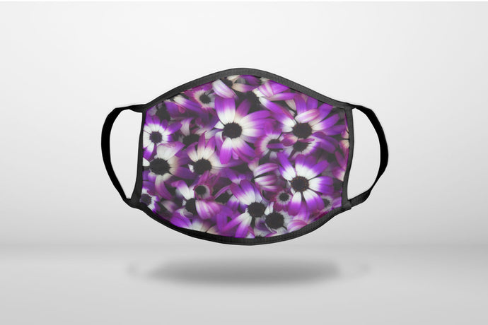 Purple White Black Flowers - 3-Ply Reusable Soft Face Mask Covering, Unisex, Cotton Inner Layer