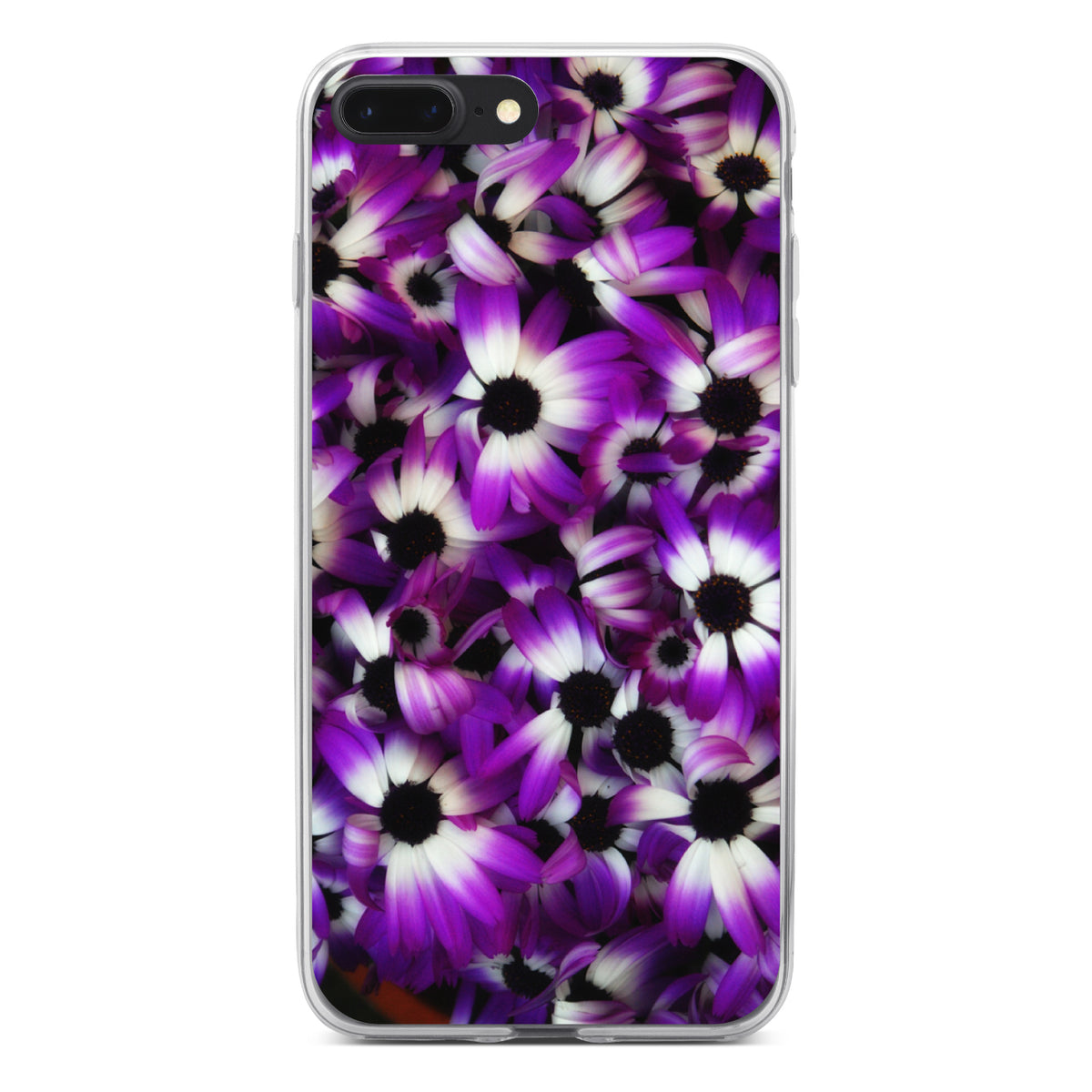 Purple White Black Flowers Clear Shockproof iPhone Case, view 6