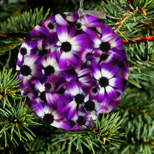 DistinctInk® Hanging Ceramic Christmas Tree Ornament with Gold String - Great Gift / Present - 2 3/4 inch Diameter - Purple White Black Flowers