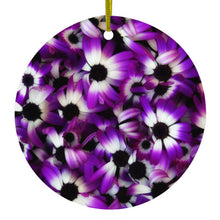 DistinctInk® Hanging Ceramic Christmas Tree Ornament with Gold String - Great Gift / Present - 2 3/4 inch Diameter - Purple White Black Flowers