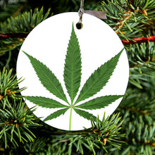 DistinctInk® Hanging Ceramic Christmas Tree Ornament with Gold String - Great Gift / Present - 2 3/4 inch Diameter - Marijuana Leaf Photo