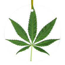 DistinctInk® Hanging Ceramic Christmas Tree Ornament with Gold String - Great Gift / Present - 2 3/4 inch Diameter - Marijuana Leaf Photo