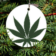 DistinctInk® Hanging Ceramic Christmas Tree Ornament with Gold String - Great Gift / Present - 2 3/4 inch Diameter - Marijuana Leaf Drawing