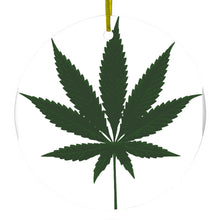 DistinctInk® Hanging Ceramic Christmas Tree Ornament with Gold String - Great Gift / Present - 2 3/4 inch Diameter - Marijuana Leaf Drawing