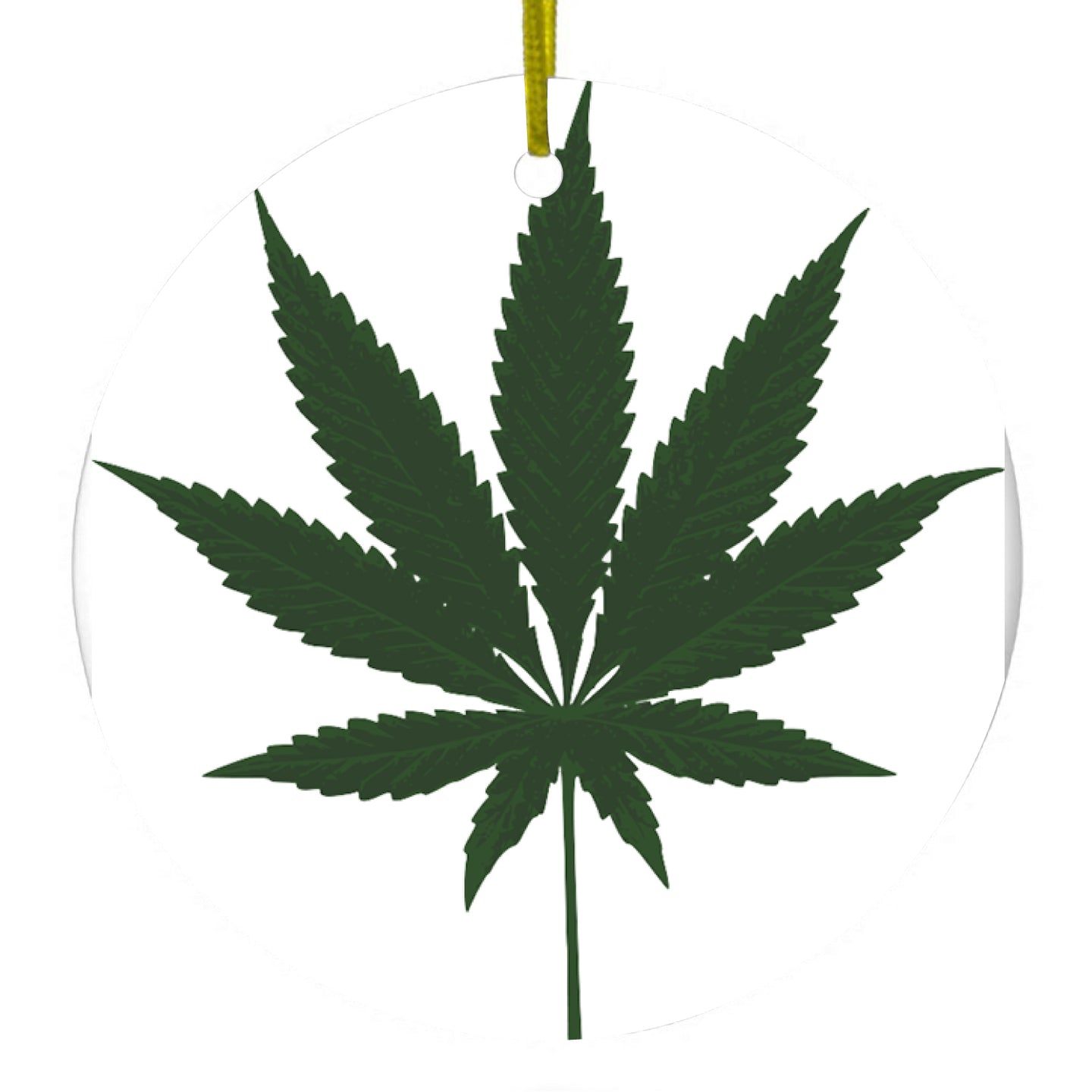 DistinctInk® Hanging Ceramic Christmas Tree Ornament with Gold String - Great Gift / Present - 2 3/4 inch Diameter - Marijuana Leaf Drawing